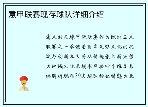 意甲联赛现存球队详细介绍